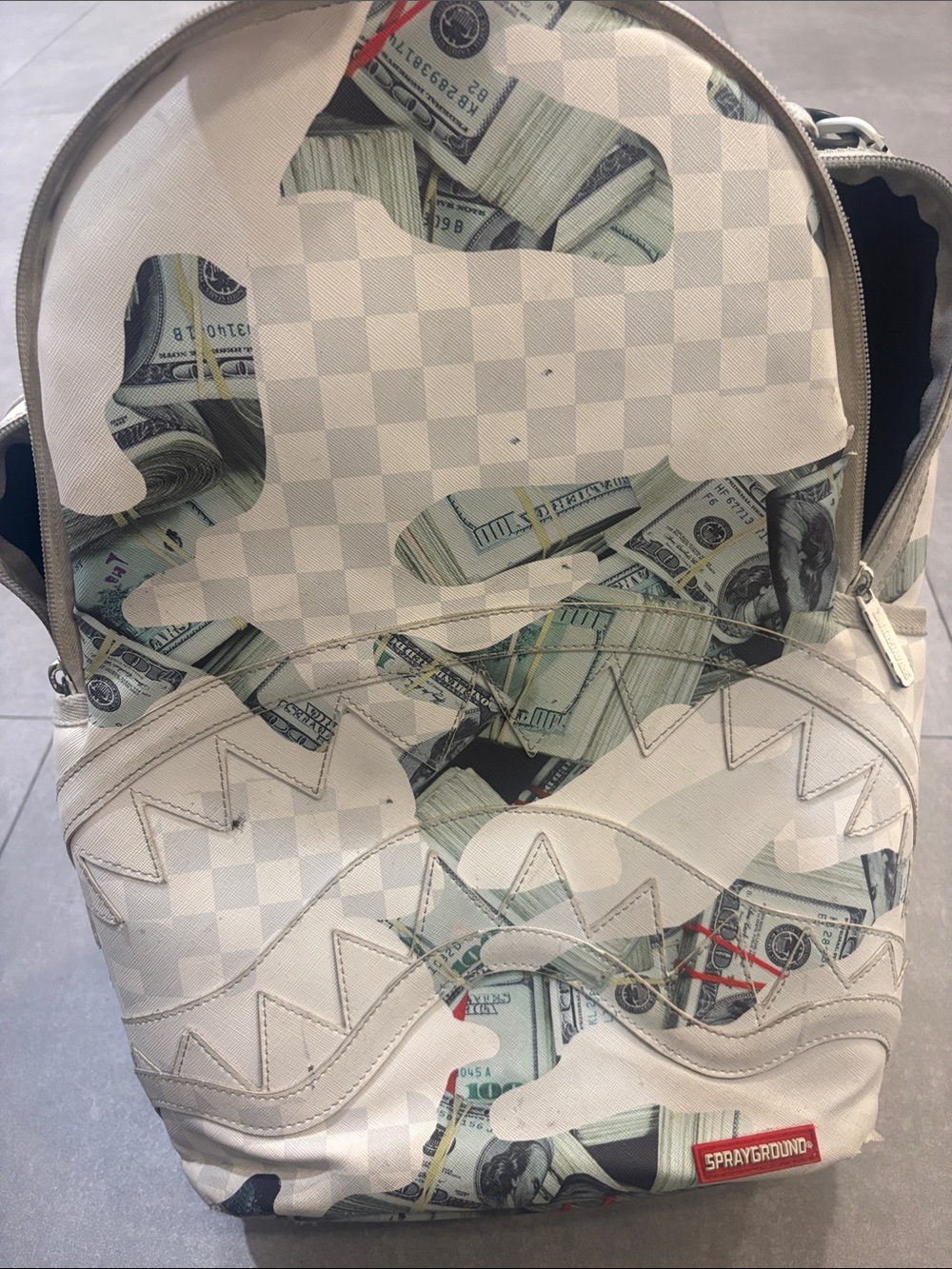 Sprayground White Checkerboard Money-Print Backpack